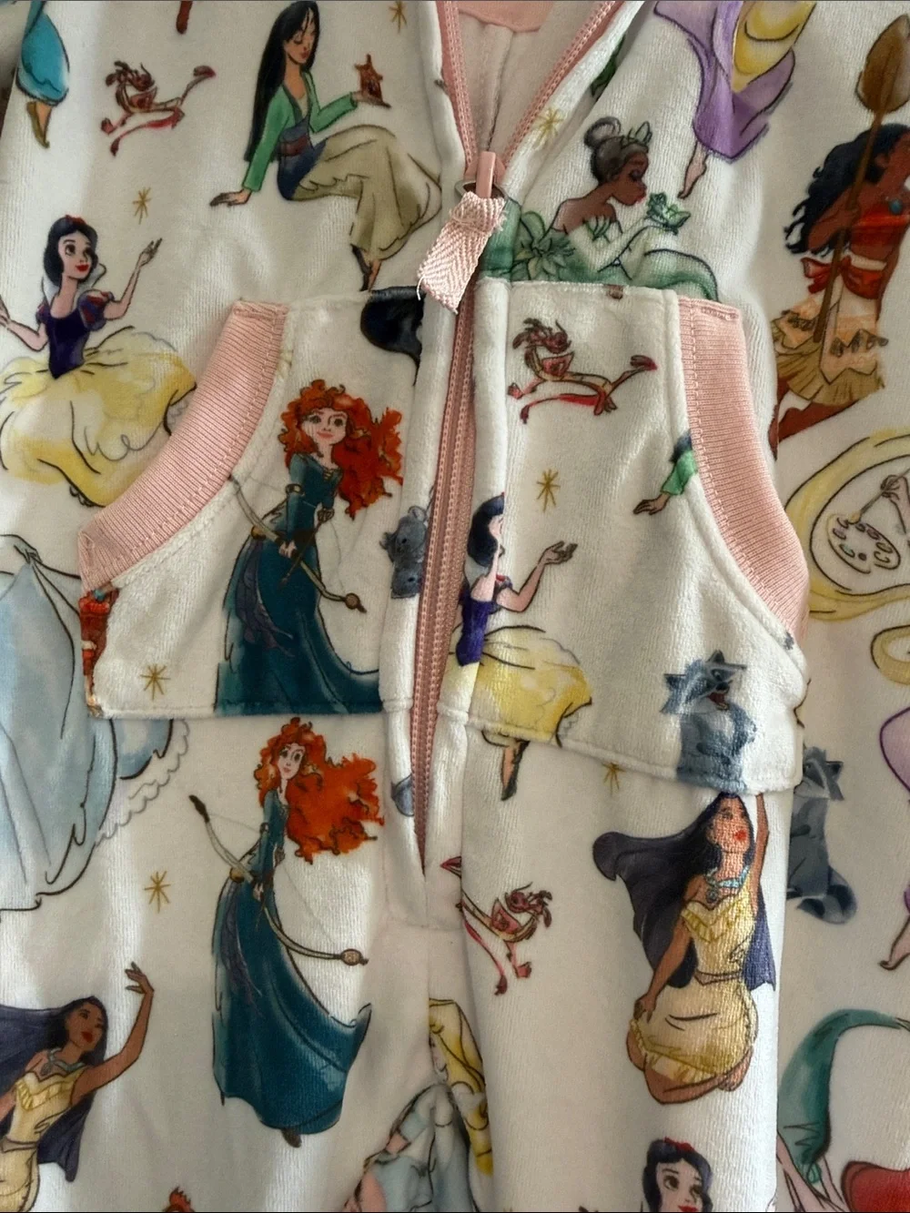 Disney Girls' Princess Hooded One-Piece Zip Fleece PJs